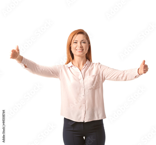 Happy woman opening arms fo...