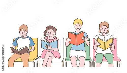Cute children sitting on chairs and reading books. hand drawn style vector design illustrations. 