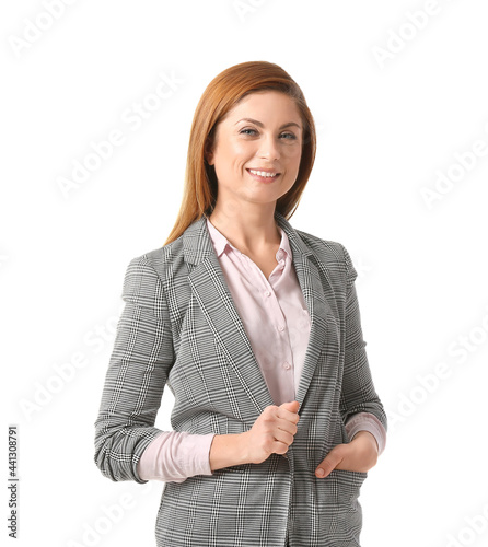 Happy businesswoman on whit...