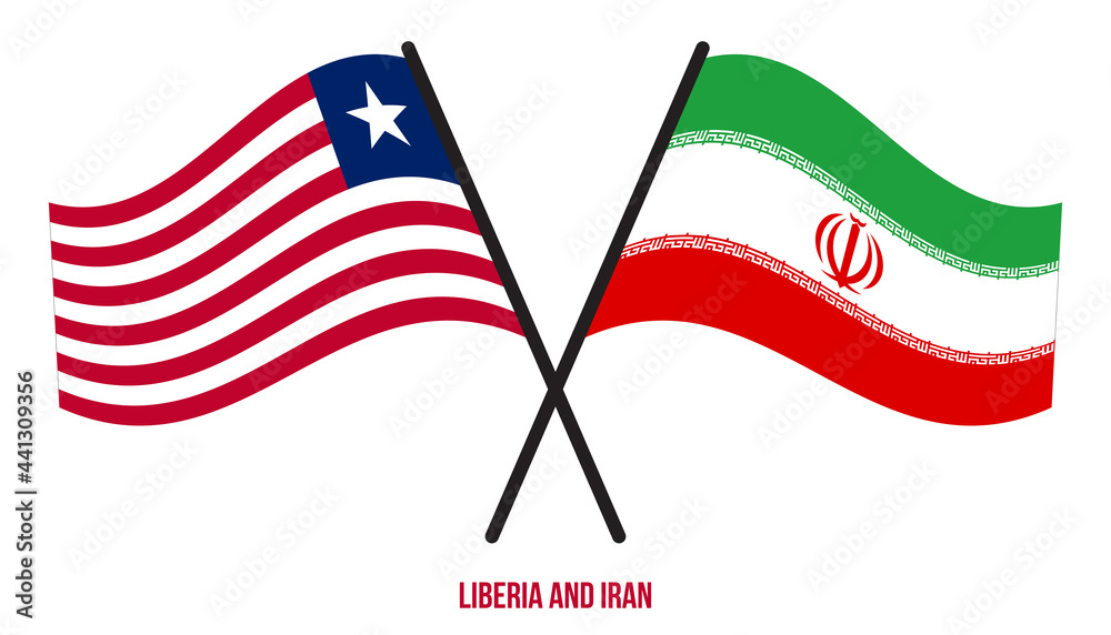 Liberia and Iran Flags Crossed And Waving Flat Style. Official Proportion. Correct Colors.