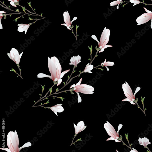 seamless pattern of realistic magnolia flower. The magnolia branch is a symbol of spring, summer in the style of realism. art pattern, background for print, paper, business ideas. vector illustration.