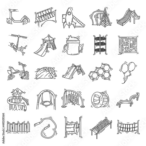 Playground kids ,playing,children,kindergarten. hand drawn icon set, outline black, doodle icon, vector icon.