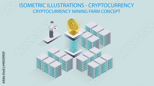 Crypto Currency mining farm concept. Isometric.