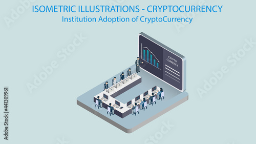 Institutional investors meeting on crypto currency investment. Isometric concept.