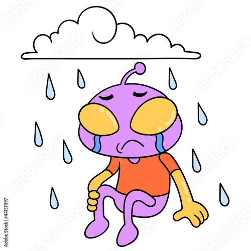 alien is crying sitting in the pouring rain, doodle icon image kawaii