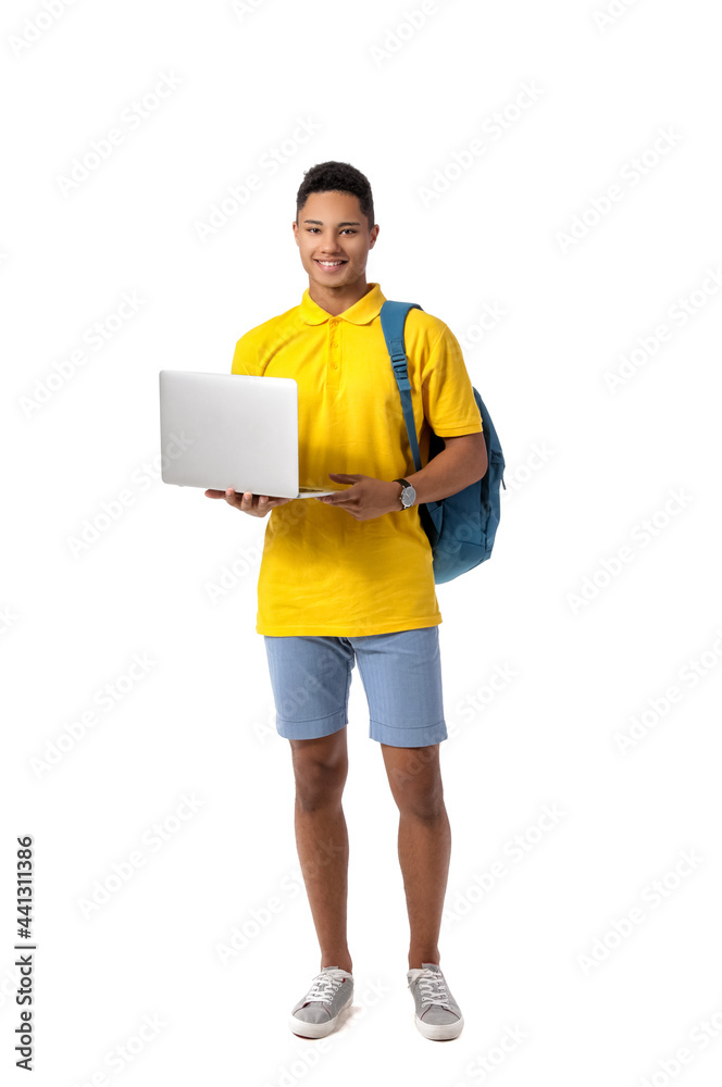 Male African-American student with laptop on white background Male African-American student with laptop on white background
