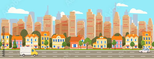 City landscape seamless horizontal illustration. Cityscape skyscrappers, suburban houses, downtown. Vector cartoon style