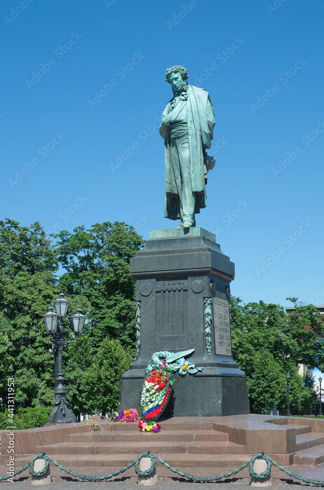 Moscow, Russia - June 17, 2021: Monument to the Russian poet Alexander Sergeevich Pushkin on Pushkinskaya Square