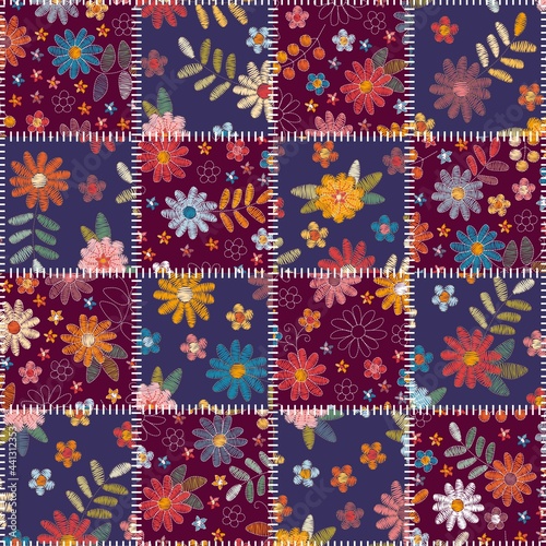 Seamless quilt design from stitched square snippets with floral embroidery. Patchwork pattern.