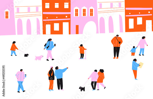 People in the big city. Vector cute illustrations of people and families on the city streets. Freehand drawings for poster, card and cover. Landscape city centre with many building.