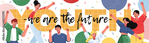 Happy young people waving hands flat vector illustration.Smiling men and women on a white background with geometric shapes. 