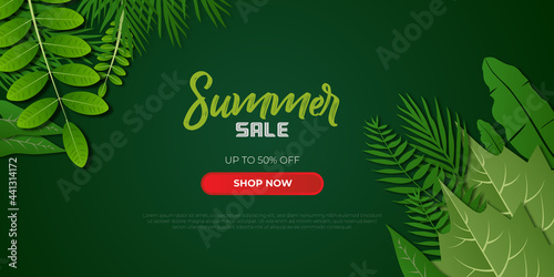Beautiful summer sale background with Tropical green leaves. Vector illustration with tropical leaves in paper cut style on a dark green background. exotic plants on a green background.