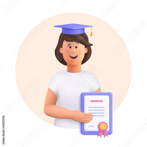 Young woman Jane - student in graduation cap and robe standing, holding diploma or certificate. Academic degree and achievements. 3d vector people character illustration.