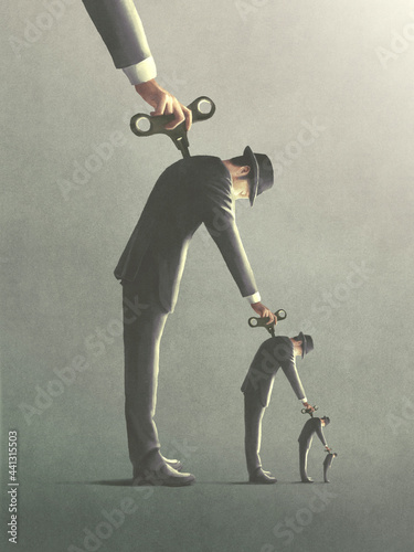 illustration of windup key men manipulation, abstract surreal concept photo