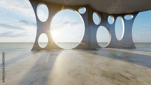 Architecture interior background room with sea view 3d render