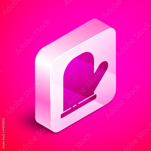 Isometric Oven glove icon isolated on pink background. Kitchen potholder sign. Cooking glove. Silver square button. Vector