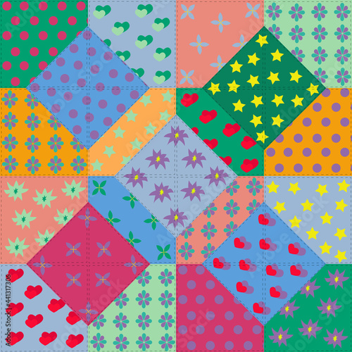 Colorful patchwork background of square patches. Vector illustration.