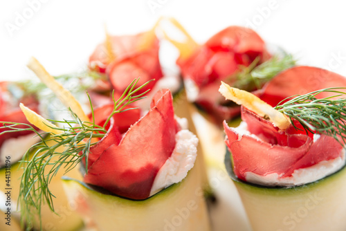 Rotoli di zucchine ripiene con bresaola e crema di formaggio, antipasto estivo, cucina Italiana  photo