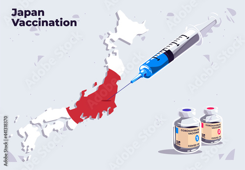 Vector illustration of Japan vaccination template medical syringe on the map of Japan with glass vials of COVID-19 vaccine, inject in Japan, flag of Japan