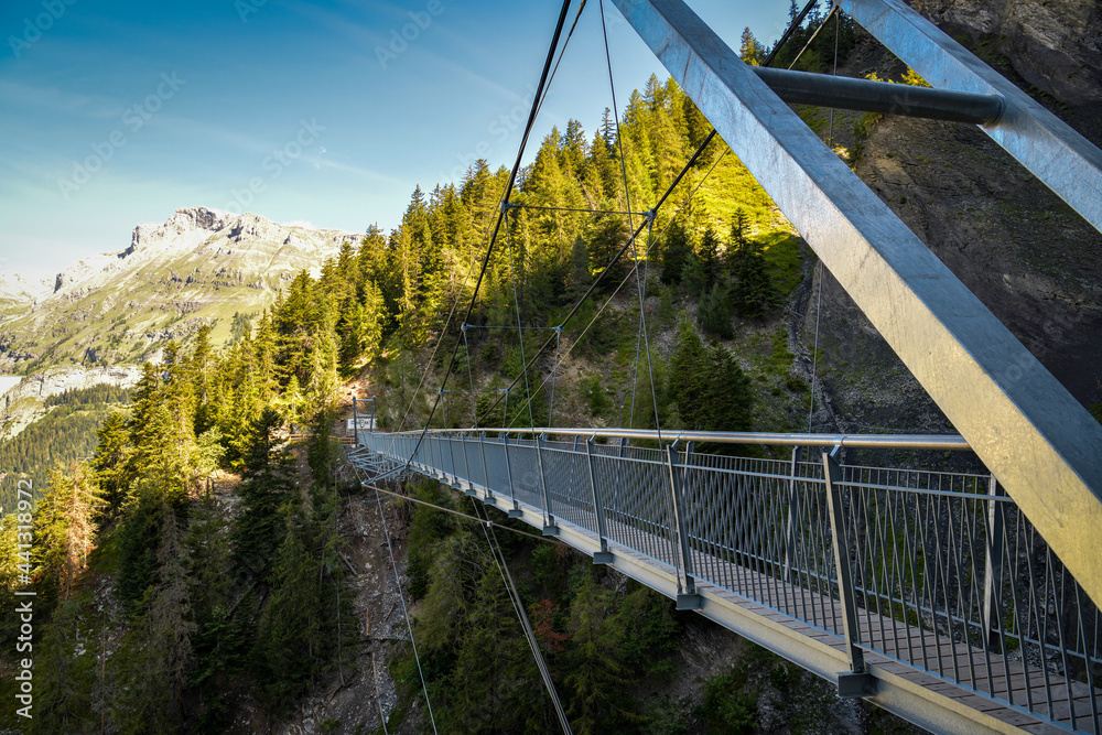 Suspension bridge on Bisse du Ro walking trail near Crans Montana in canton of Valais - obrazy, fototapety, plakaty 