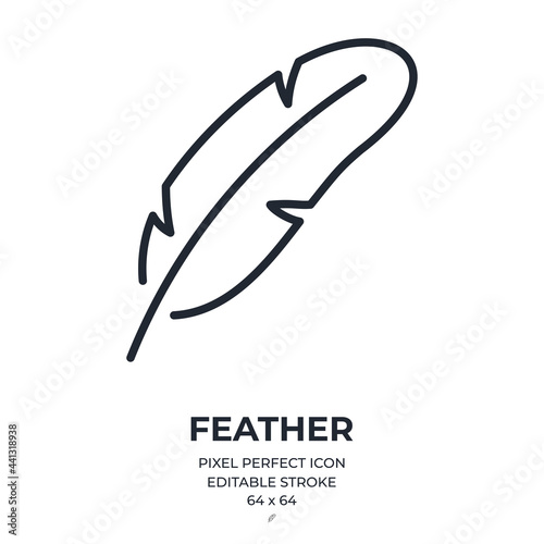 Feather editable stroke outline icon isolated on white background flat vector illustration. Pixel perfect. 64 x 64.