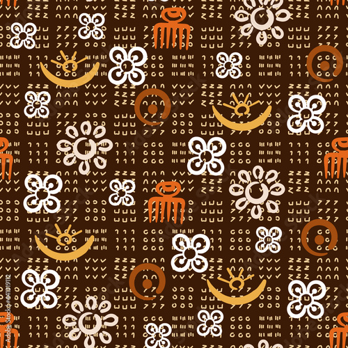 African Adinkra seamless pattern - drawings of ancient ethnic traditional symbols and screen printing of the peoples and tribes of Ghana. Ritual screen printing. Vector Art hand-painted