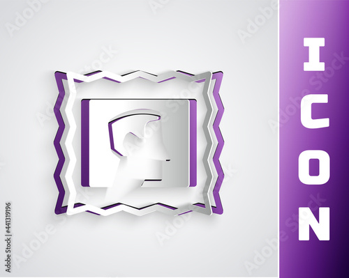 Paper cut Postal stamp icon isolated on grey background. Paper art style. Vector