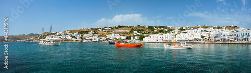 Greek fishing boat in port of Mykonos