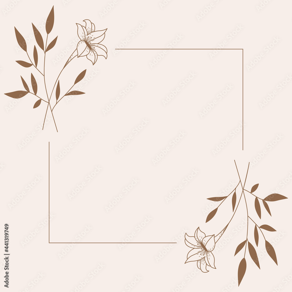 Naklejka premium Floral Wreath branch in hand drawn style. Floral Rectangle brown and Pink frame of twigs, leaves and flowers. Frames for the Valentine's day, wedding decor, logo and identity template.
