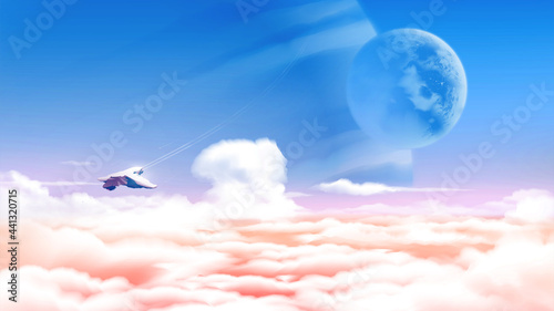 an alien planet above the sea of clouds with the vast view of massive planets in the background.