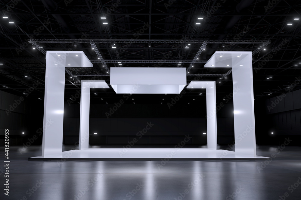 Exhibition stand for mockup and Corporate identity,Display.Empty booth Design.Retail booth design elements in Exhibition hall.booth Design trade show.Blank Booth system of Graphic Resources.3d render. - obrazy, fototapety, plakaty 