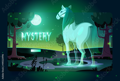 Banner of mystery with glowing horse ghost in dark forest at night. Vector landing page with cartoon fantasy illustration of horse spirit in park or garden with trees and pond