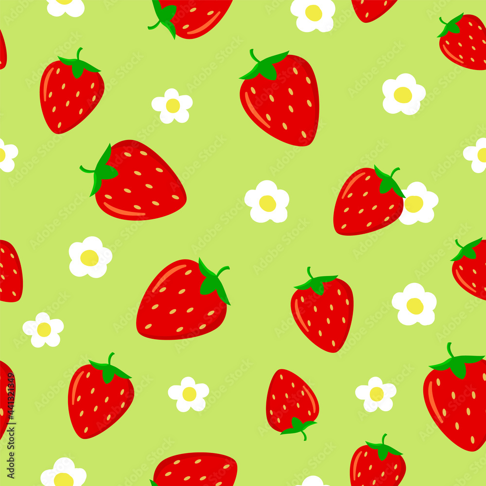 Seamless pattern with Bright red strawberries and strawberry flower on green background. Seamless pattern with Bright red strawberries and strawberry flower on green background.
