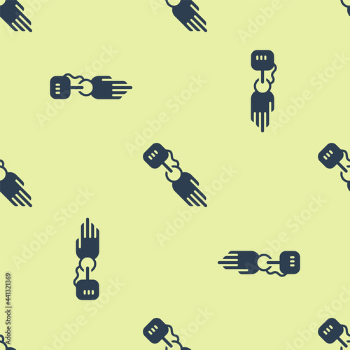 Blue Prosthesis hand icon isolated seamless pattern on yellow background. Futuristic concept of bionic arm, robotic mechanical hand. Vector