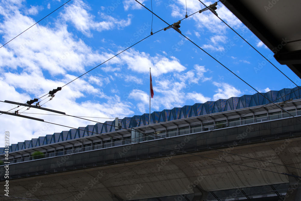 Roof top of railway main station of Lucerne on a cloudy summer day. Photo taken June 22nd, 2021, Luzern, Switzerland. Roof top of railway main station of Lucerne on a cloudy summer day. Photo taken June 22nd, 2021, Luzern, Switzerland.