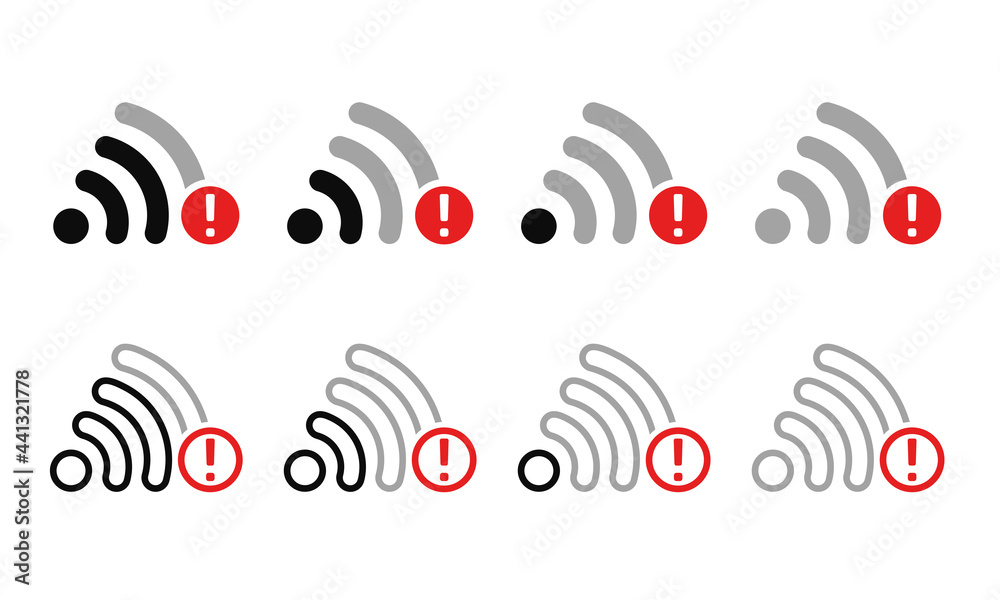 Set of wifi signal icon with exclamation. Error connection. Weak signal, lost, bad connection problem. Illustration vector Set of wifi signal icon with exclamation. Error connection. Weak signal, lost, bad connection problem. Illustration vector