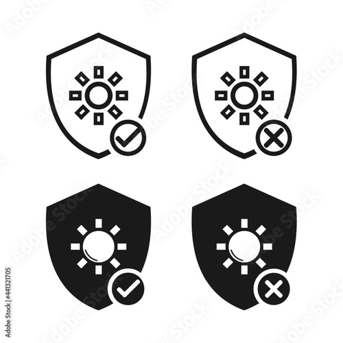Heat resistant sign. Shield with hot, sun icon. Refractory sign with checkmark and cross sign. Illustration vector