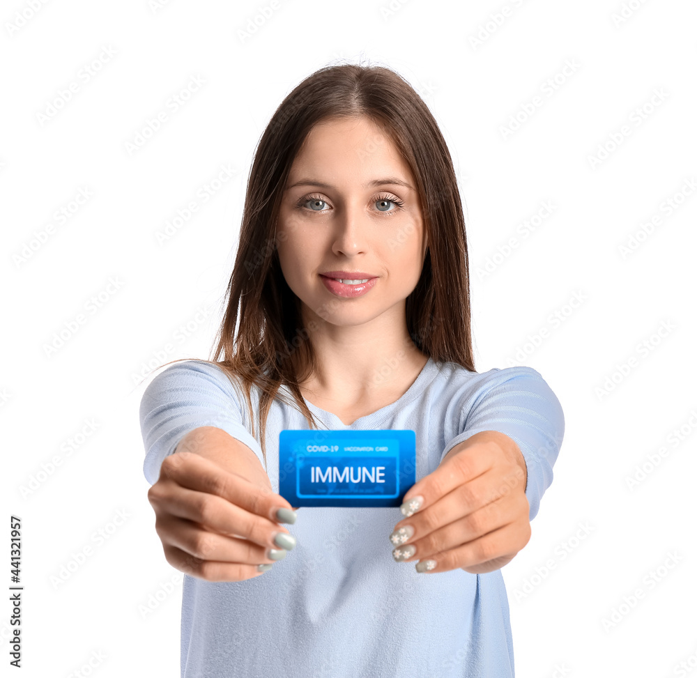 Young woman with vaccination card on white background Young woman with vaccination card on white background