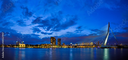 View of Erasmus Bridge Erasmusbrug and Rotterdam skyline. Rotterdam  Netherlands