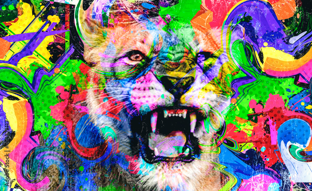 colorful artistic roaring lion and cat with bright paint splatters on white background.