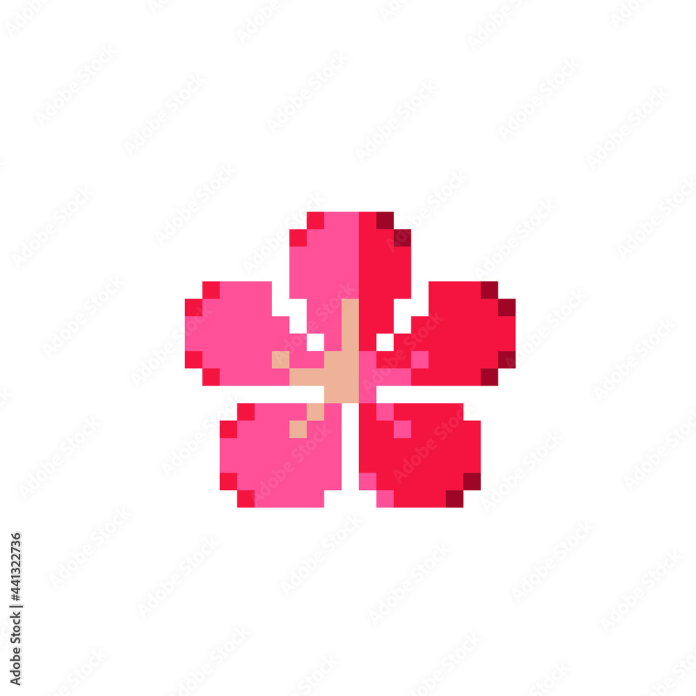 Red sakura flower icon. Pixel art style. Symbol of Japanese culture. 8-bit sprite. Isolated vector illustration. Red sakura flower icon. Pixel art style. Symbol of Japanese culture. 8-bit sprite. Isolated vector illustration.