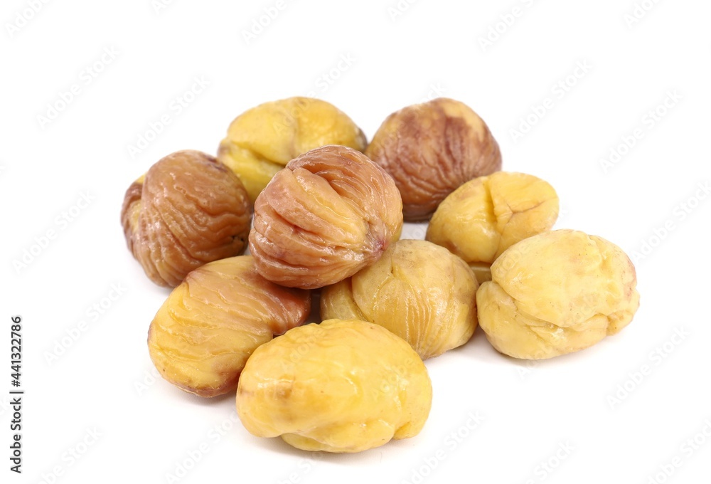 Steamed soft chestnuts on white background Steamed soft chestnuts on white background
