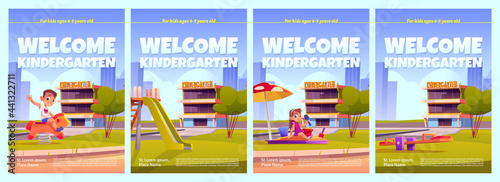 Welcome to kindergarten ad posters, invitation for kids to educational playschool. Nursery school with children on playground. Day care center for babies studying, Cartoon vector promo flyers set photo