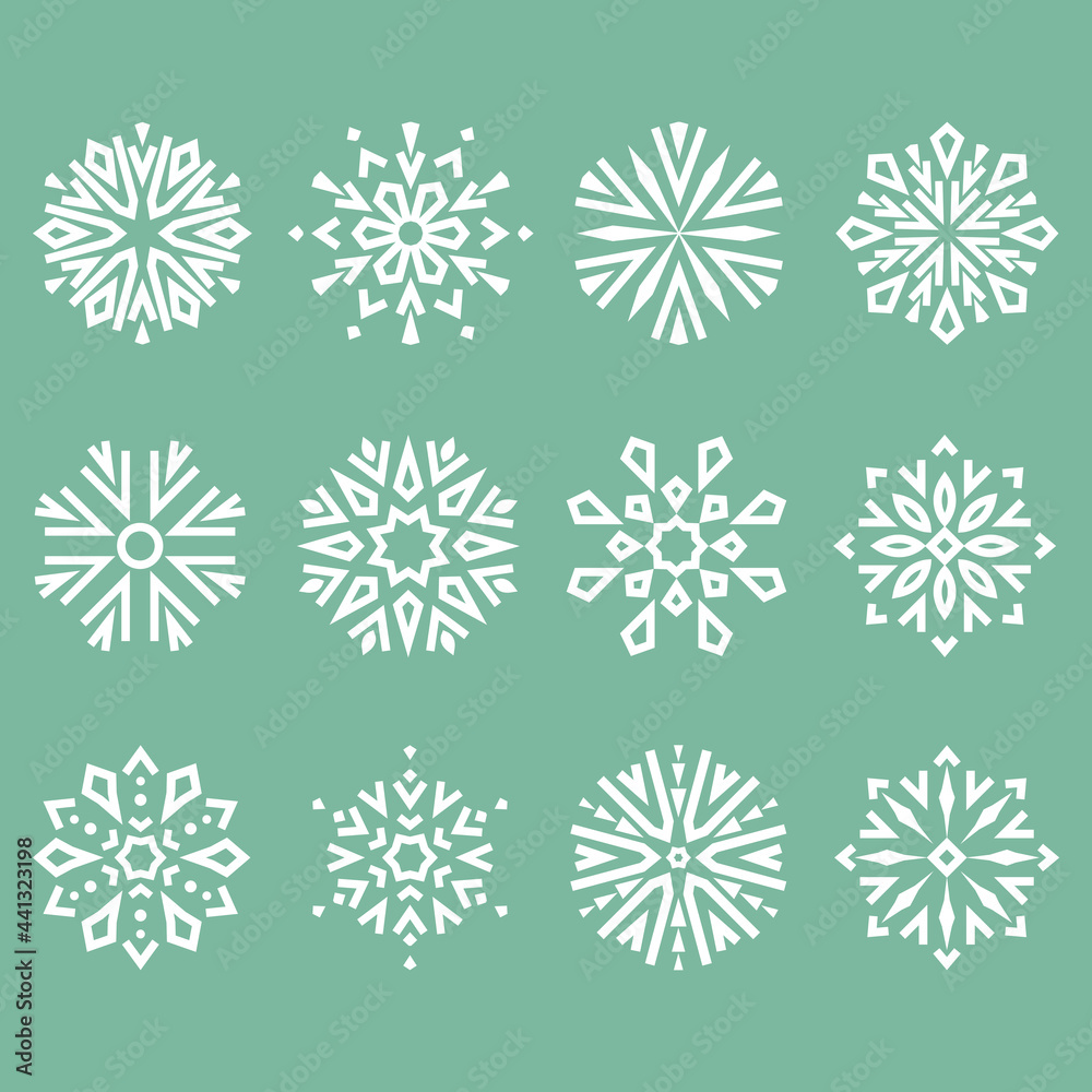 Snowflakes icon collection. Graphic modern green and white ornament Snowflakes icon collection. Graphic modern green and white ornament