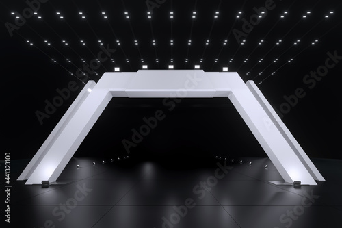 Empty Archway circle with lighting .Pop Up banner media display.Mockup for advertising,sports event ,display and Corporate identity.Archway Exhibition ,Expro,sale, trade show ,grand opening,3d render. photo