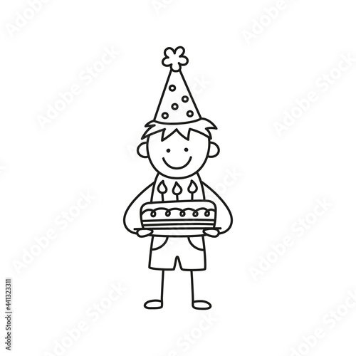 A kid holds a cake with candles at a birthday party. Boy in a festive hat on holiday. Hand drawn children drawing. Vector illustration isolated in doodle style on white background.