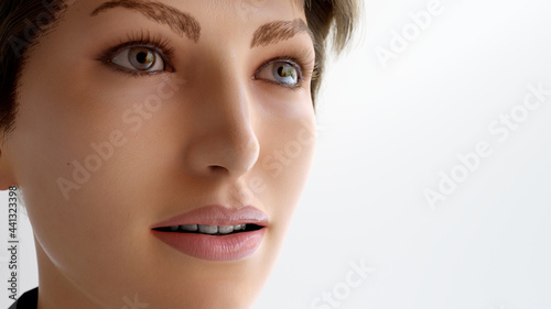 close up portrait of a woman white background studio 3D illustration render