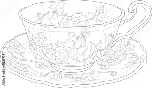 Realistic tea mug with vintage retro flower decor sketch template. Cartoon vector illustration in chinese style in black and white for games, background, pattern, decor. Coloring paper, page, book