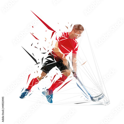 Floorball player running with ball, low polygonal vector illustration, geometric floorball logo from triangles photo