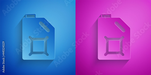 Paper cut Canister for motor machine oil icon isolated on blue and purple background. Oil gallon. Oil change service and repair. Engine oil sign. Paper art style. Vector